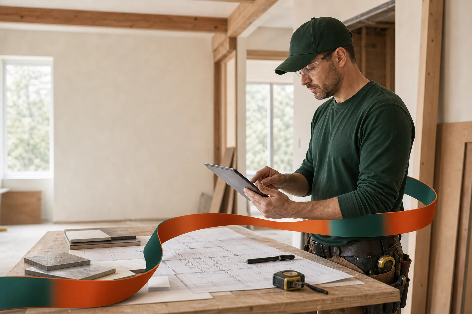 A general contractor reviewing plans and project details on a tablet at a job site