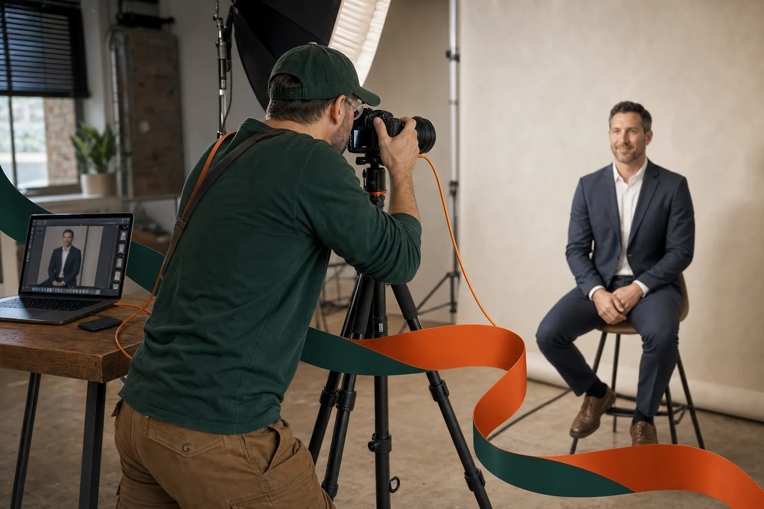 A photographer running a corporate headshot session with studio lights, a portrait backdrop and tethered laptop