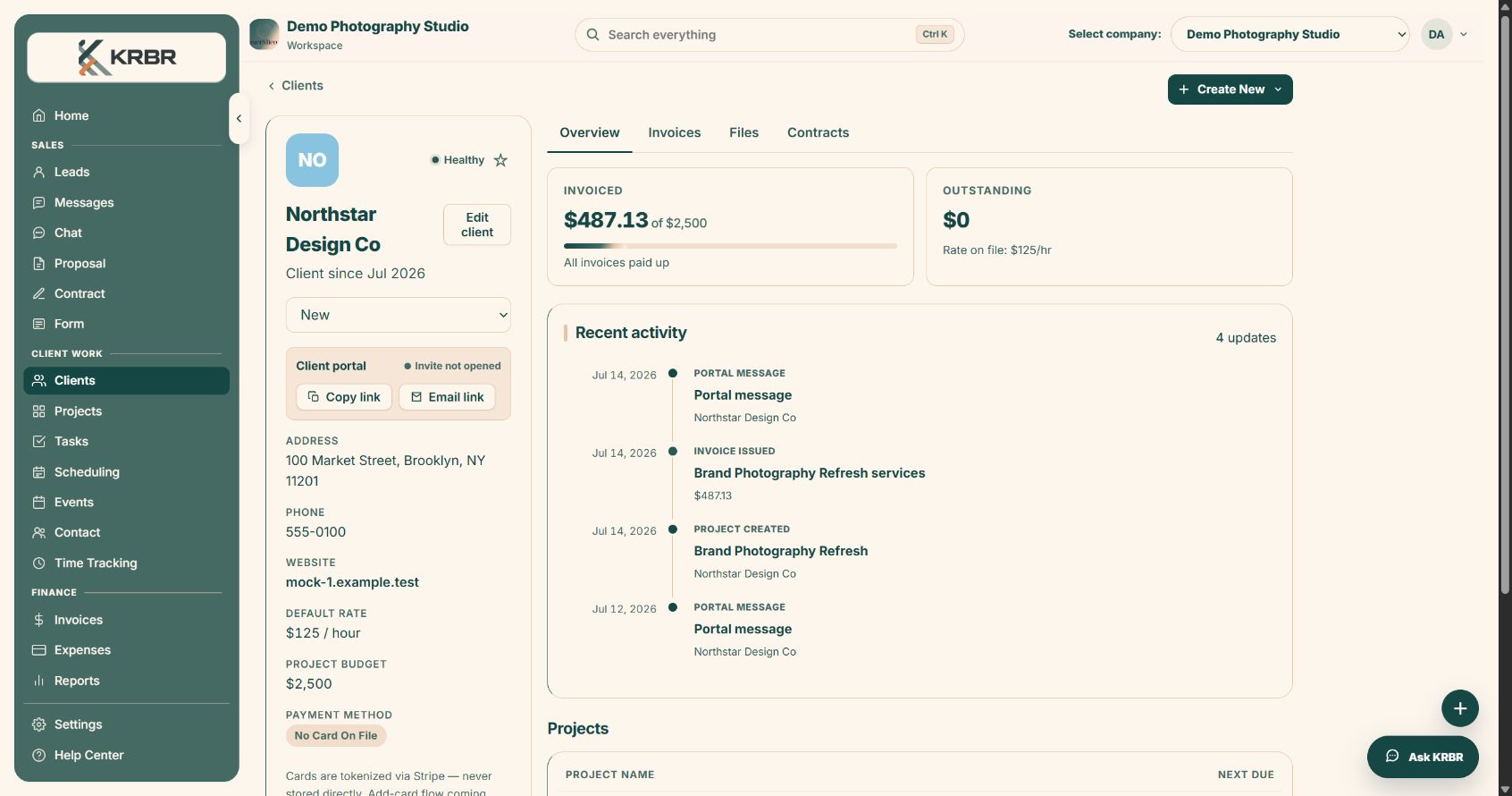 KRBR client workspace with portal controls, activity, invoicing, contacts, and project details