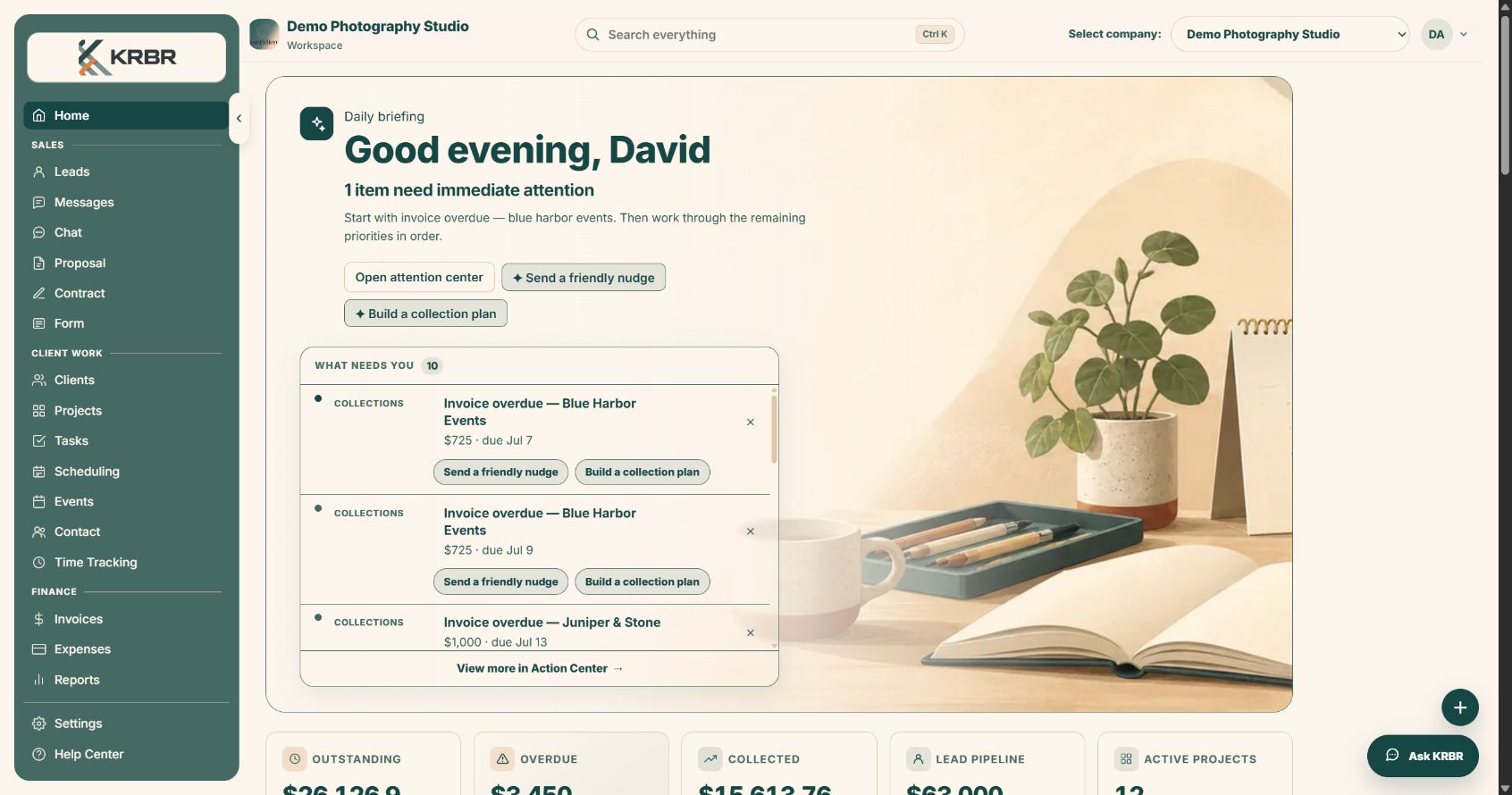 KRBR home dashboard showing a daily business briefing and action center