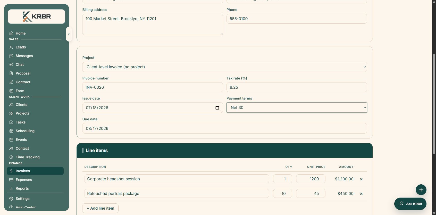 KRBR invoice builder with terms, tax, and detailed line items
