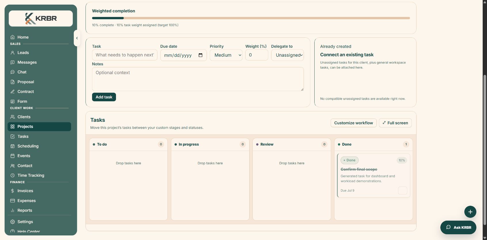 KRBR project task board with configurable workflow stages