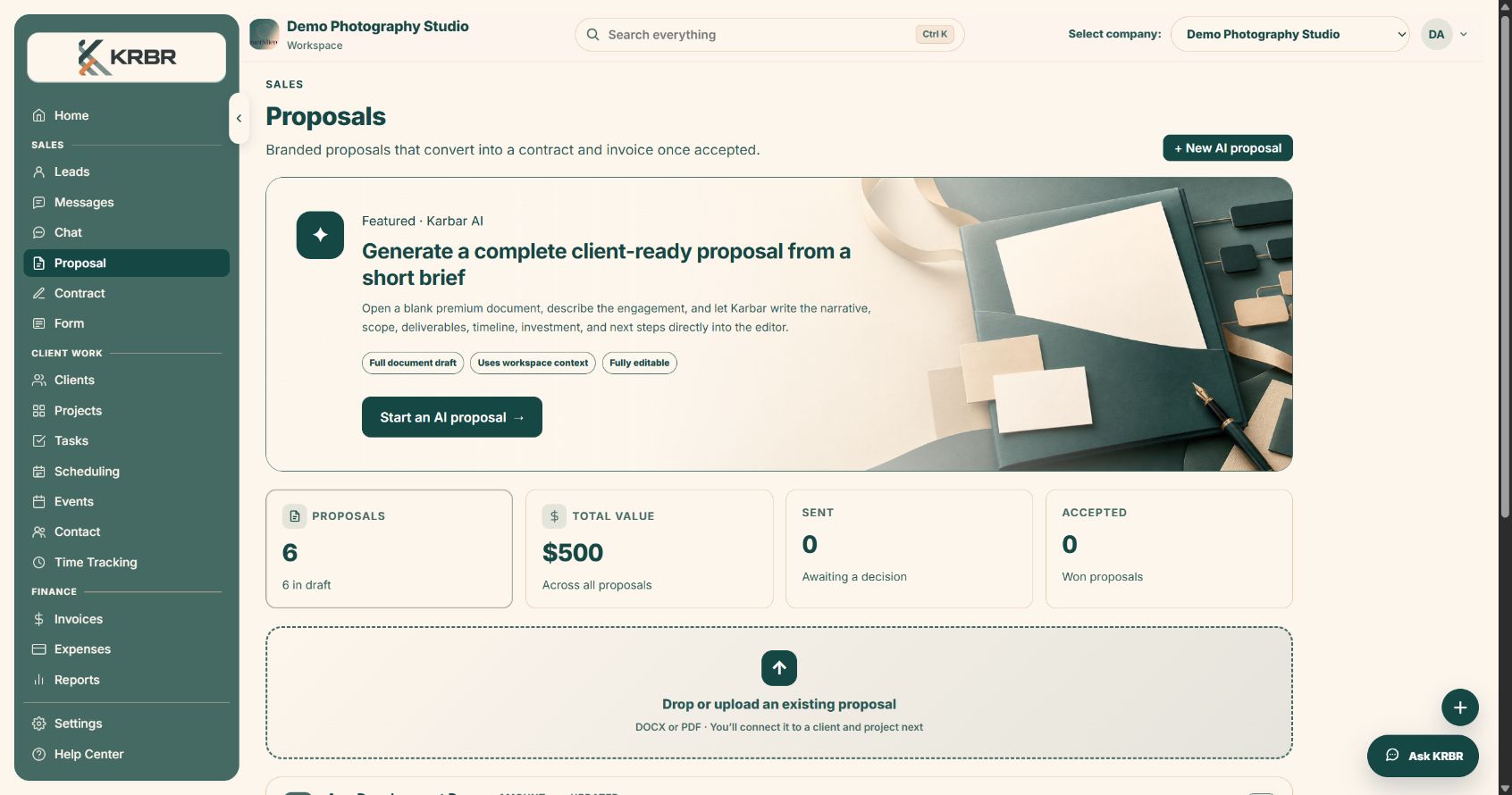 KRBR proposals workspace with AI proposal drafting